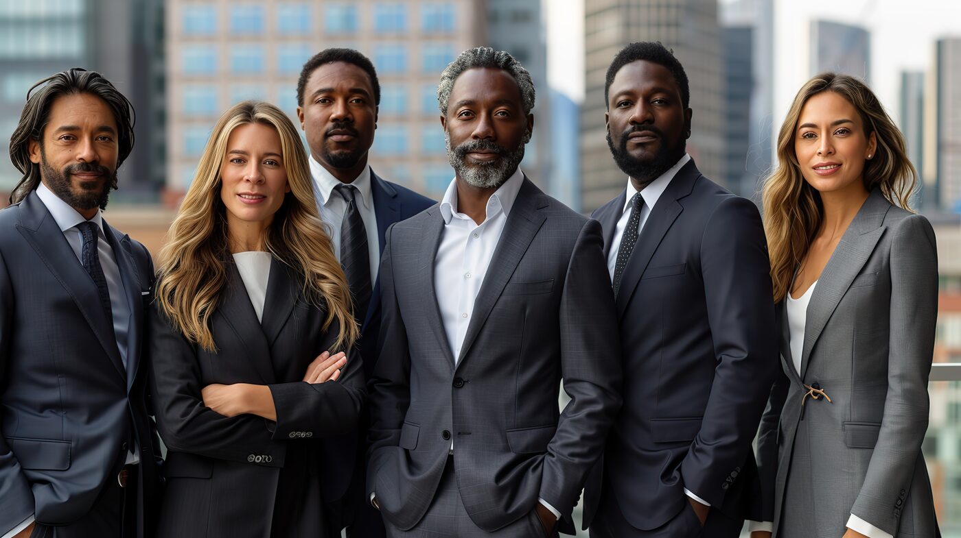 A confident, diverse team of professionals in business attire against a city skyline
