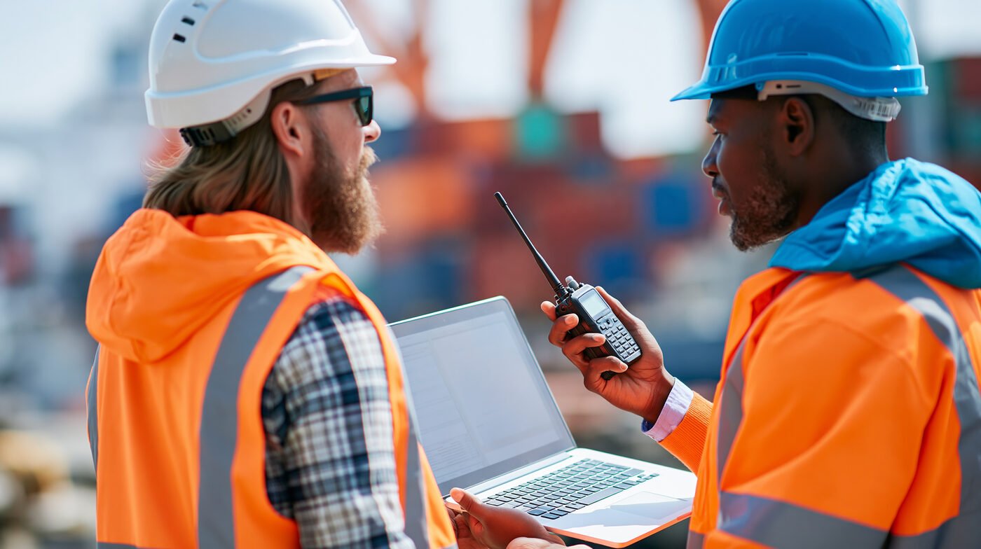 Two port workers coordinating container operations with a laptop and radio at a shipping terminal